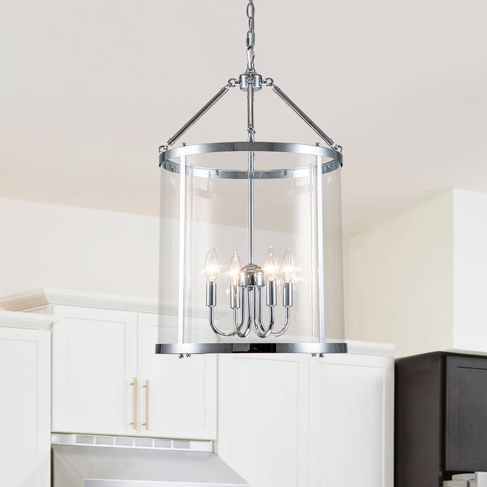 Glass Lantern Pendant Light 18-Inch Cylinder 4-Bulb Fixture Adjustable Chain Dining Table Kitchen Island Foyer Hanging Lamp E14 Socket Dimma | Thomler