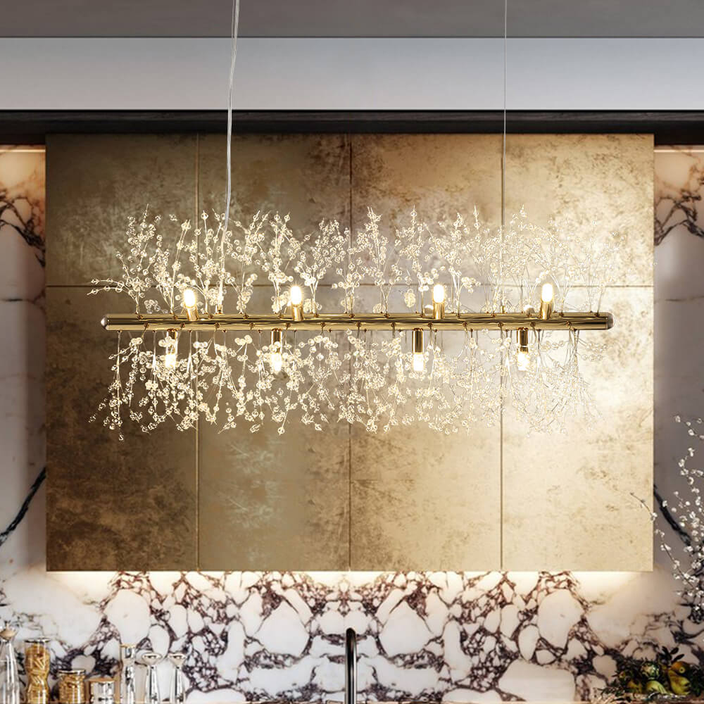 Lineaire kristallen kroonluchter 36-inch 12-lichts goud chroom afwerking voor eetkamer kookeiland eigentijds plafondarmatuur modern verstelbaar | Thomler