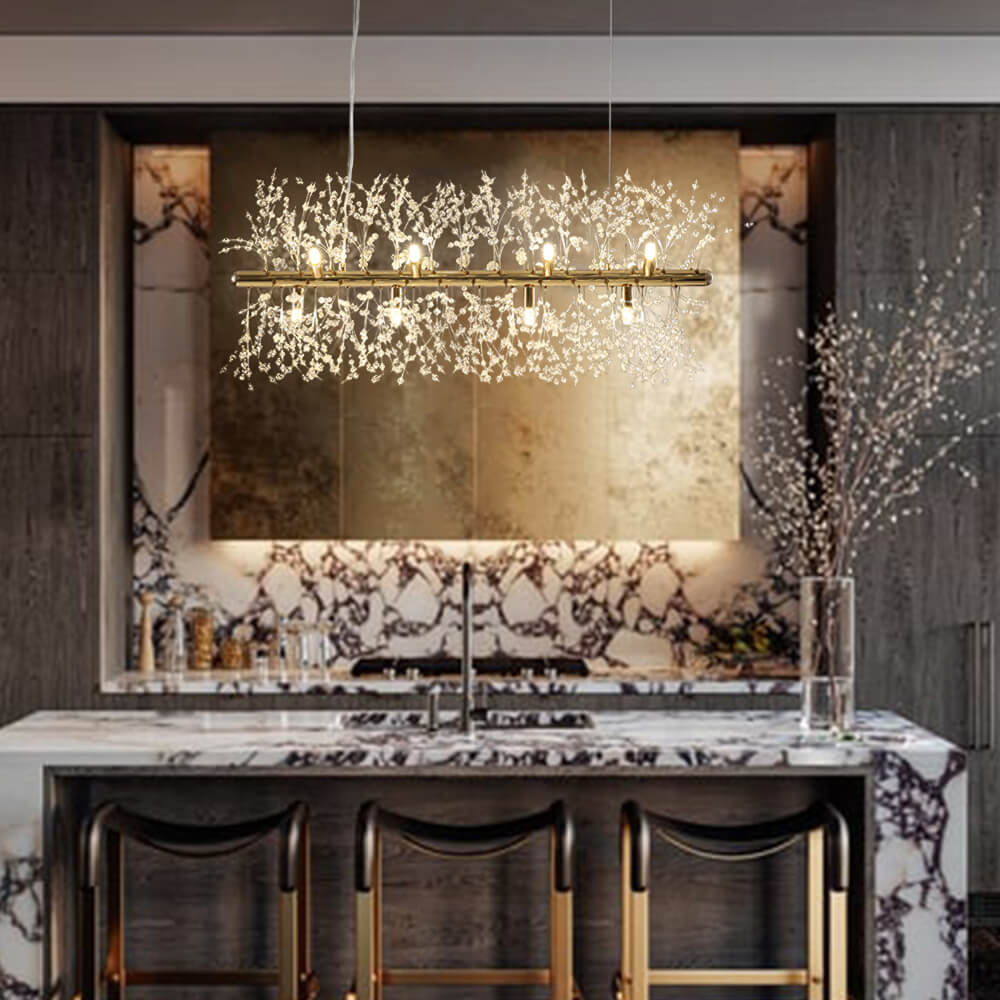 Lineaire kristallen kroonluchter 36-inch 12-lichts goud chroom afwerking voor eetkamer kookeiland eigentijds plafondarmatuur modern verstelbaar | Thomler