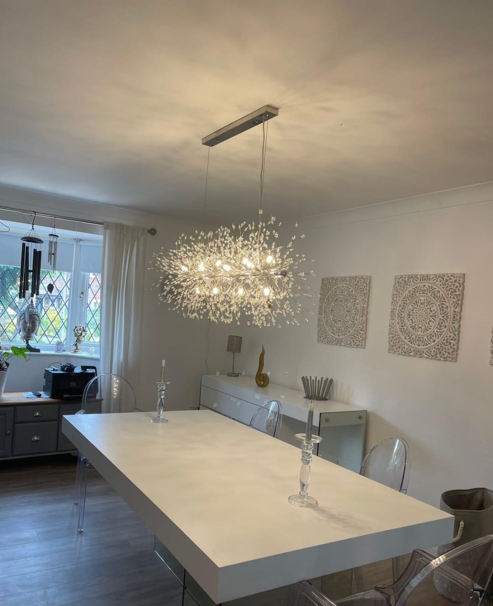 Lineaire kristallen kroonluchter 36-inch 12-lichts goud chroom afwerking voor eetkamer kookeiland eigentijds plafondarmatuur modern verstelbaar | Thomler