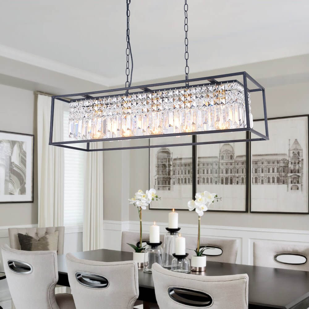 Linear Five-Light Hanging Fixture Black Metal Crystal Glass 35 inch for Kitchen Island Dining Room Table Adjustable Drop Ceiling Lamp Modern | Thomler