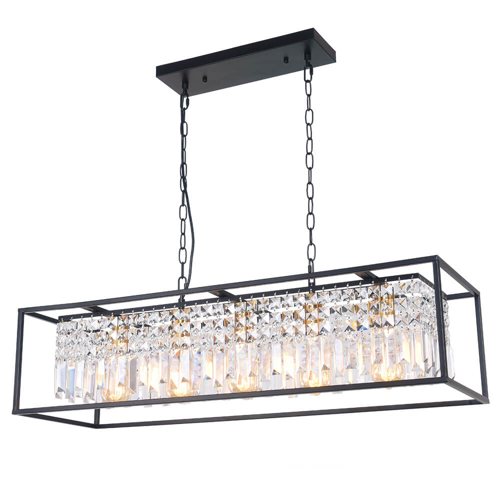 Linear Five-Light Hanging Fixture Black Metal Crystal Glass 35 inch for Kitchen Island Dining Room Table Adjustable Drop Ceiling Lamp Modern | Thomler