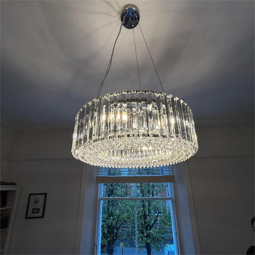 Round Chrome Fixture with Faceted Accents 20-Inch 6-Socket Adjustable Hanging Lamp for Foyer Dining Living Room Kitchen | Thomler