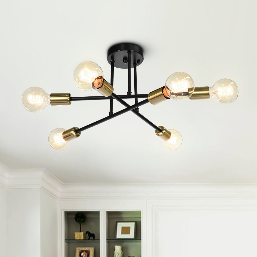 24-Inch Starburst Semi-Flush Ceiling Light with 6 Arms for Low Ceilings | Metallic Finish | Hardwired Dining Room & Kitchen Overhead Fixture | Thomler
