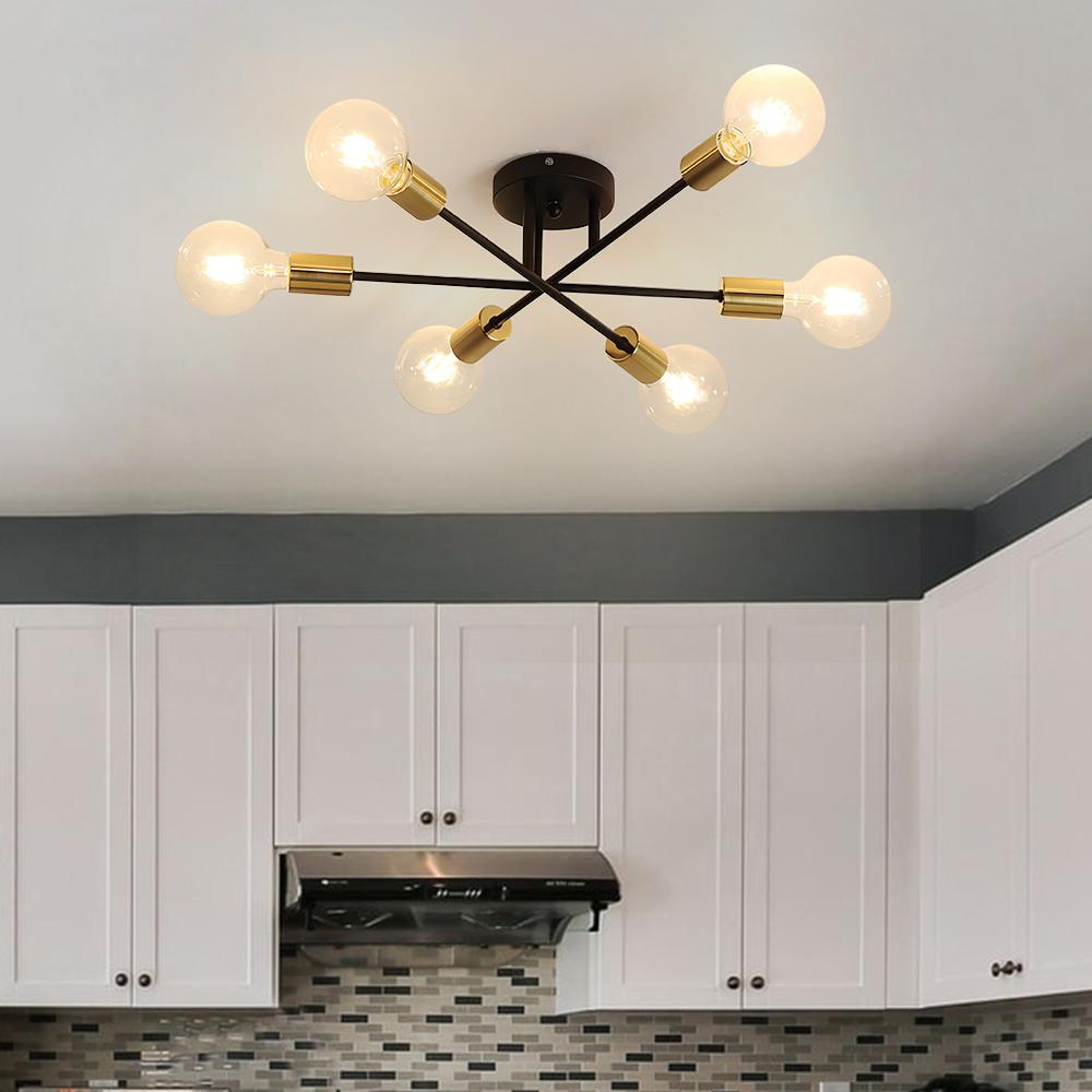 24-Inch Starburst Semi-Flush Ceiling Light with 6 Arms for Low Ceilings | Metallic Finish | Hardwired Dining Room & Kitchen Overhead Fixture | Thomler