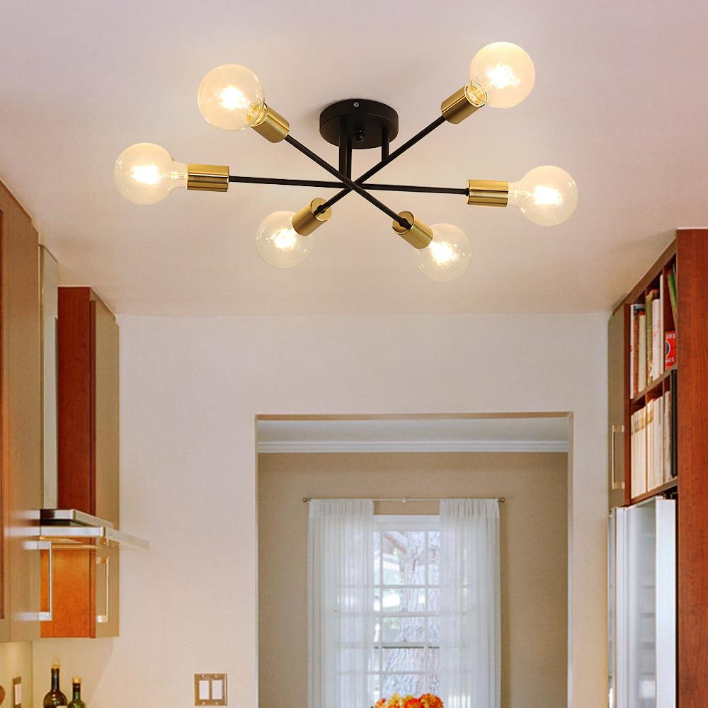 24-Inch Starburst Semi-Flush Ceiling Light with 6 Arms for Low Ceilings | Metallic Finish | Hardwired Dining Room & Kitchen Overhead Fixture | Thomler