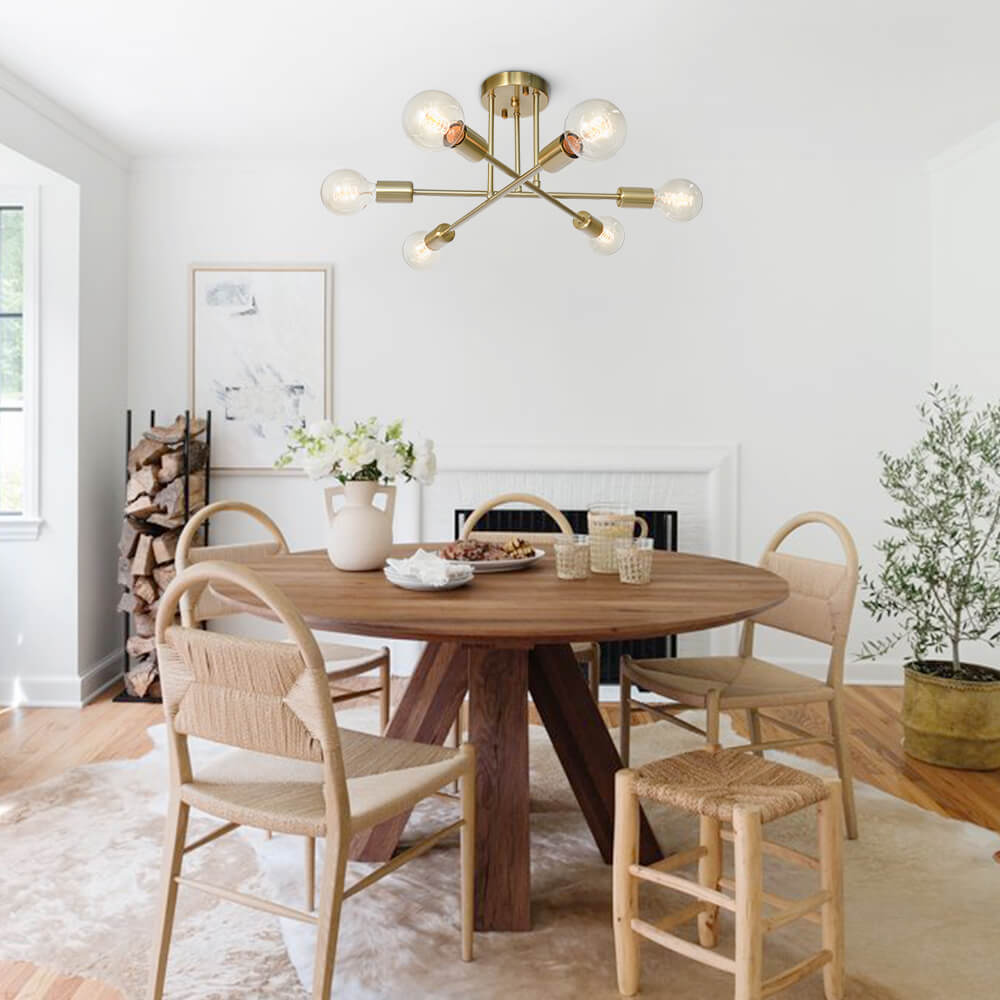 24-Inch Starburst Semi-Flush Ceiling Light with 6 Arms for Low Ceilings | Metallic Finish | Hardwired Dining Room & Kitchen Overhead Fixture | Thomler