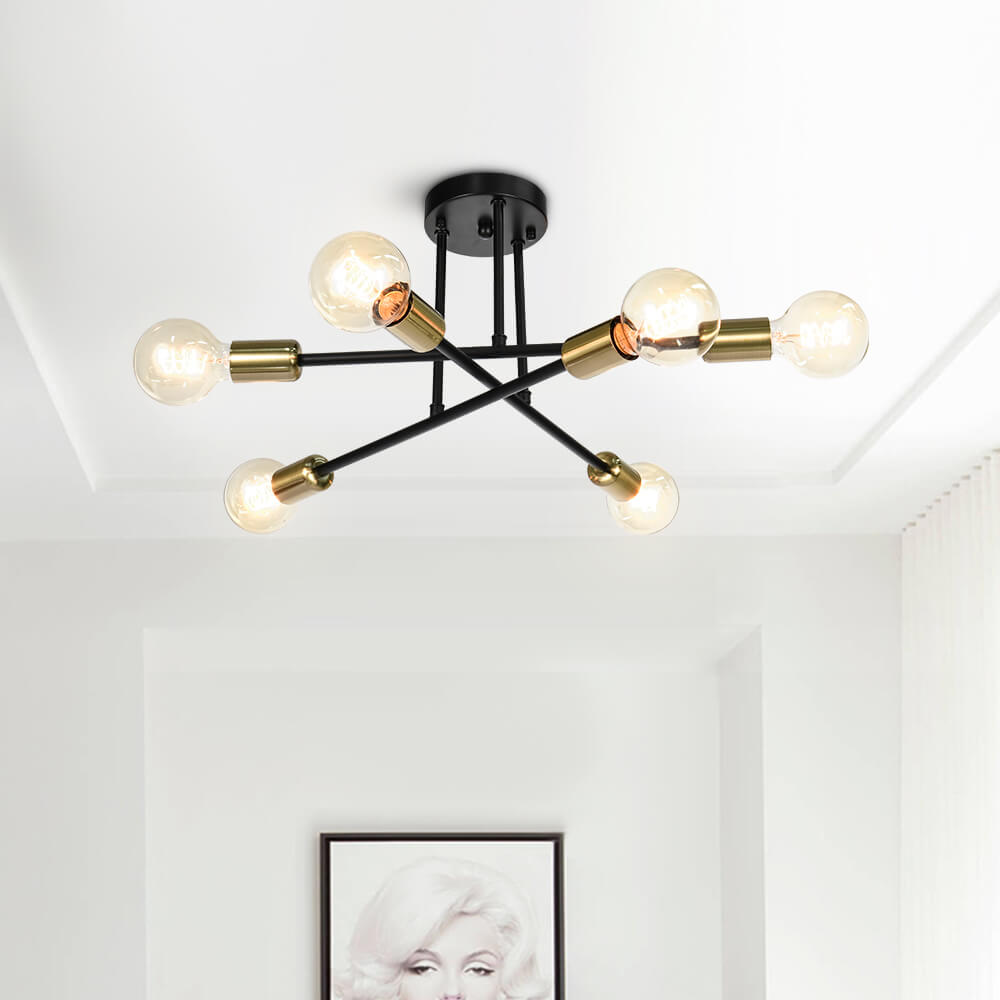 24-Inch Starburst Semi-Flush Ceiling Light with 6 Arms for Low Ceilings | Metallic Finish | Hardwired Dining Room & Kitchen Overhead Fixture | Thomler