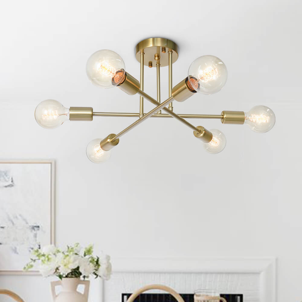 24-Inch Starburst Semi-Flush Ceiling Light with 6 Arms for Low Ceilings | Metallic Finish | Hardwired Dining Room & Kitchen Overhead Fixture | Thomler