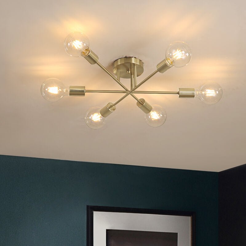 24-Inch Starburst Semi-Flush Ceiling Light with 6 Arms for Low Ceilings | Metallic Finish | Hardwired Dining Room & Kitchen Overhead Fixture | Thomler