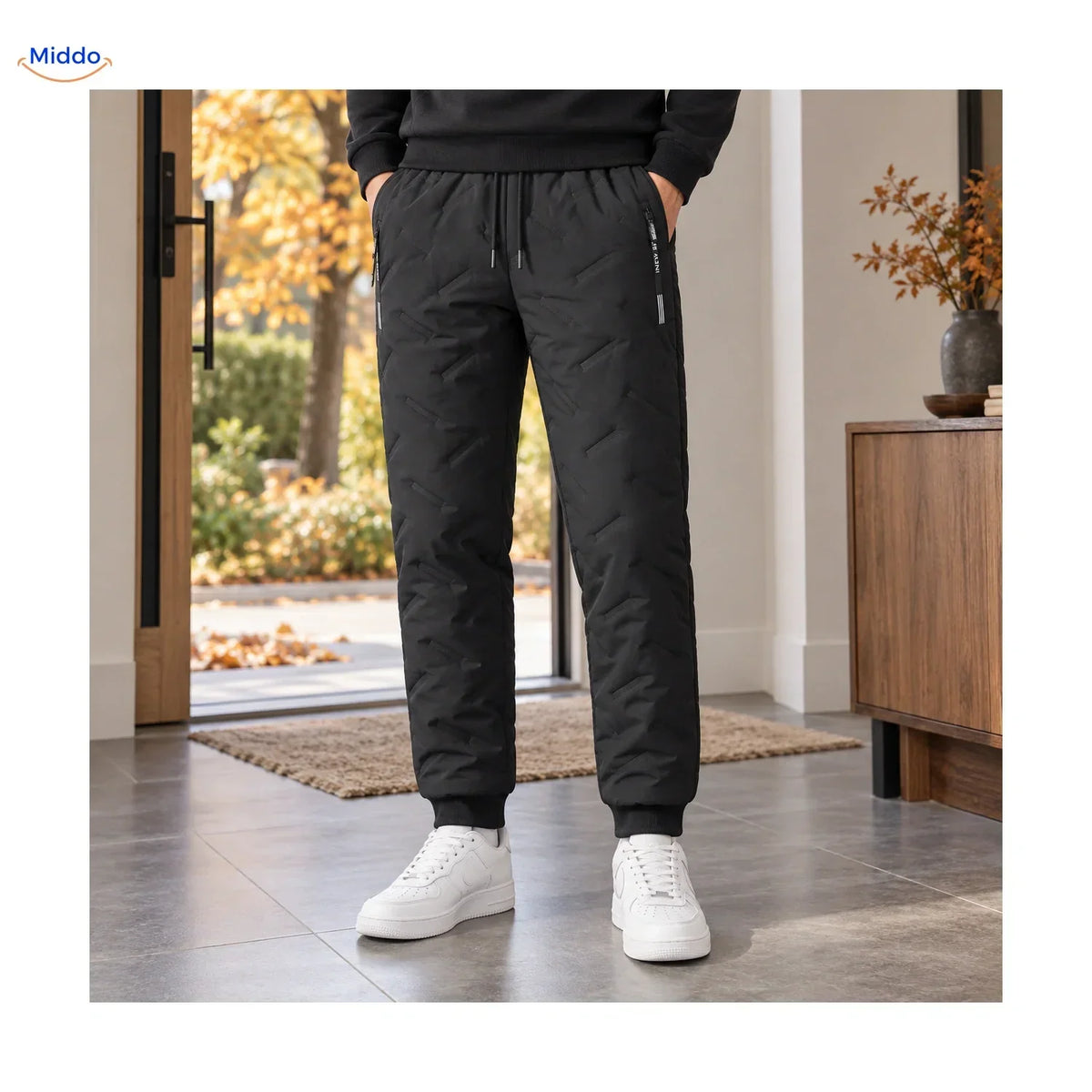 Fleece-gefütterte isolierte Jogginghose für Herren – Winterhose mit verstellbarem Kordelzug, Schwarz Grau, gerippte Bündchen
