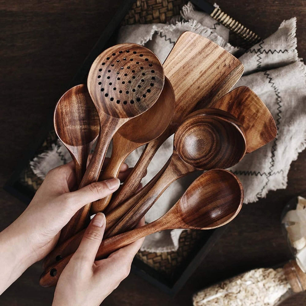 7-Piece Teak Kitchen Tool Set with Ergonomic Grip for Safe Nonstick Pan Use, Soup Stirring, Sauce Prep, Family Meals, Organized Countertop S | Thomler