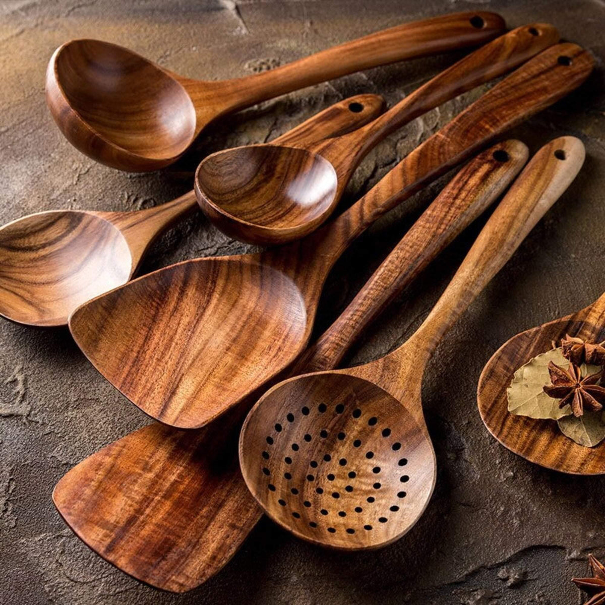 7-Piece Teak Kitchen Tool Set with Ergonomic Grip for Safe Nonstick Pan Use, Soup Stirring, Sauce Prep, Family Meals, Organized Countertop S | Thomler