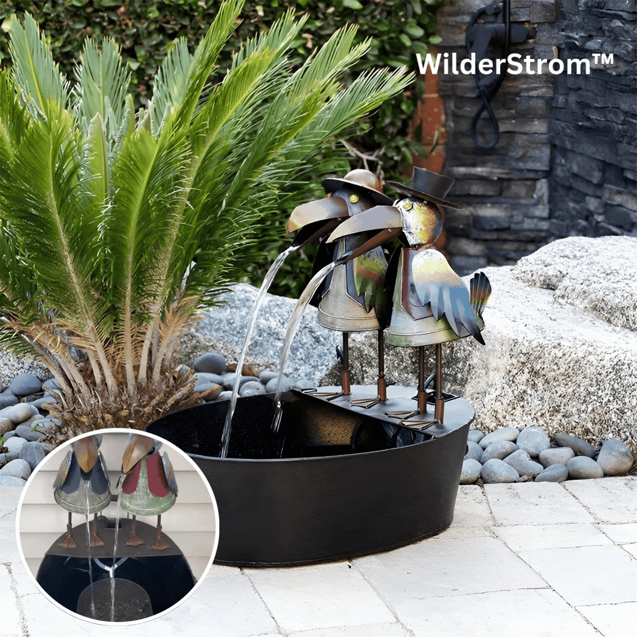 Tabletop Fountain with Bird Figurine – Polyresin Design in Natural Stone Finish for Patio, Deck & Yard | Thomler