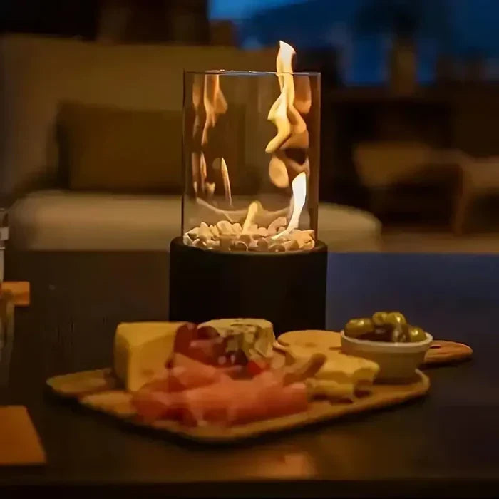Draagbare tafel-vuurlantaarn met glazen cilinder voor sfeervolle binnen- en buitenverlichting | Gasvlam-accentdecoratie voor terras, eetkamer en woonkamer
