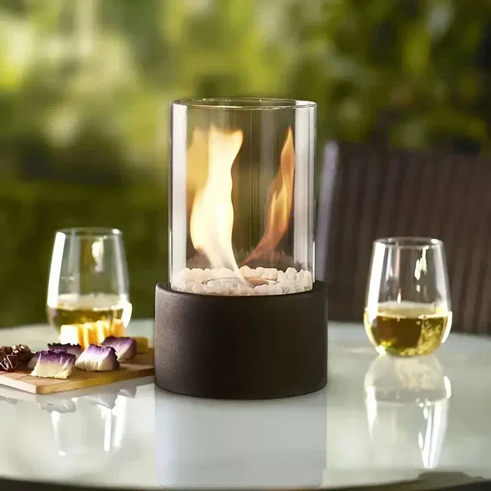 Draagbare tafel-vuurlantaarn met glazen cilinder voor sfeervolle binnen- en buitenverlichting | Gasvlam-accentdecoratie voor terras, eetkamer en woonkamer