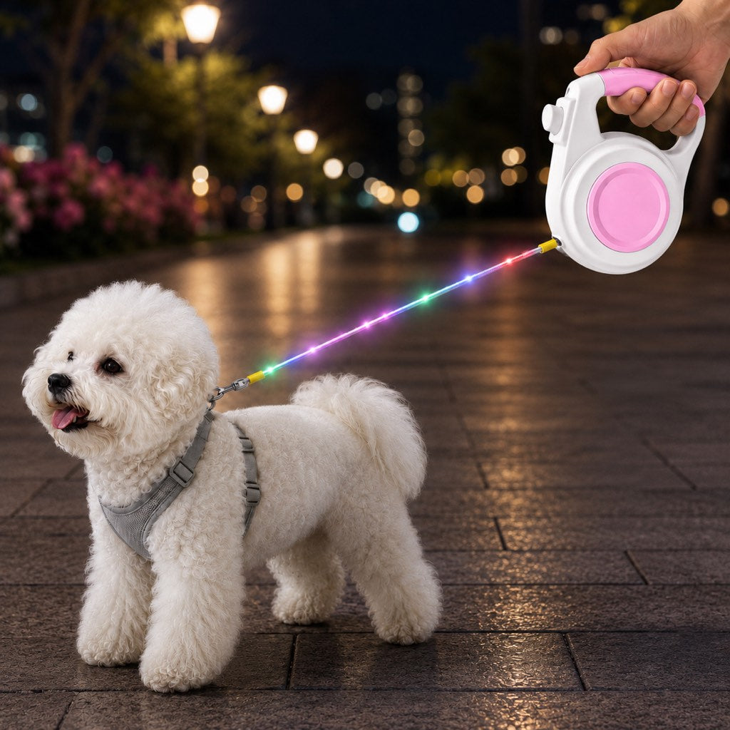 Correa retráctil recargable con luz para paseos nocturnos – Ayuda a que los perros pequeños permanezcan visibles y sean fáciles de controlar