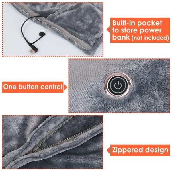 Heated Throw Blanket with Sleeves & Zipper, USB Powered, 8 Heat Zones, Fleece Wrap, 59×31 in