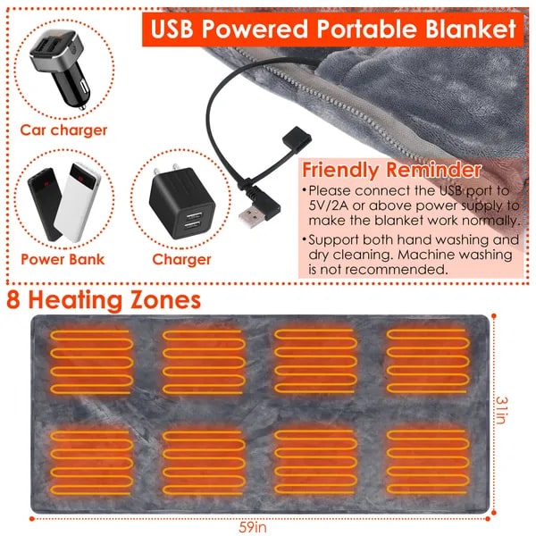 Heated Throw Blanket with Sleeves & Zipper, USB Powered, 8 Heat Zones, Fleece Wrap, 59×31 in