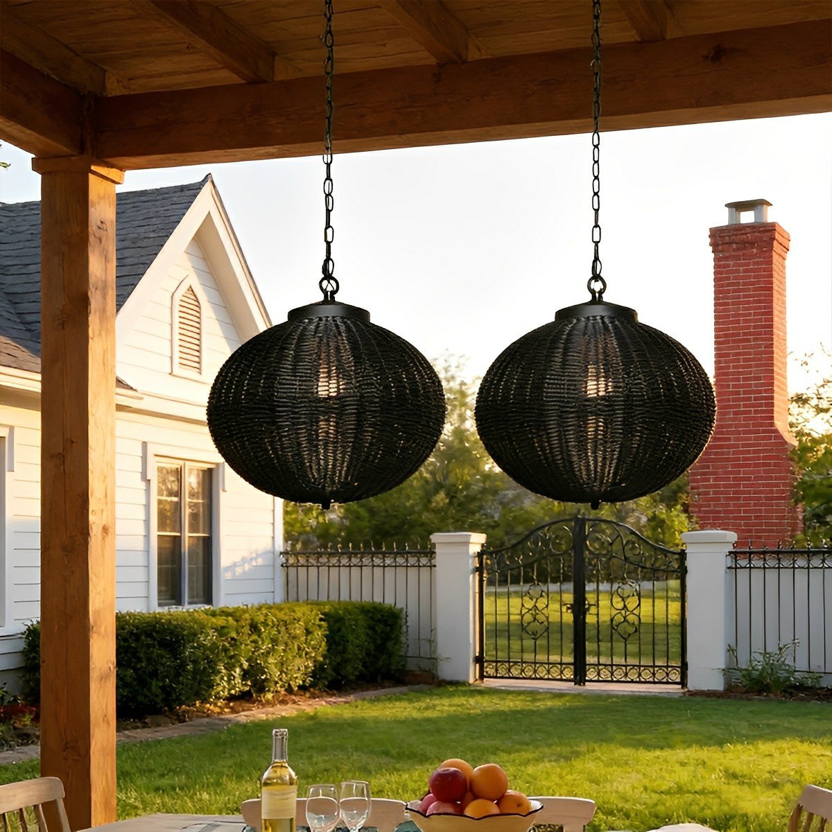 Gevlochten rotan hanglantaarn voor buiten, 40 cm, zwart, waterdichte verandaverlichting voor pergola, tuin, terras, verstelbaar snoer, E27-fitting | Thomler