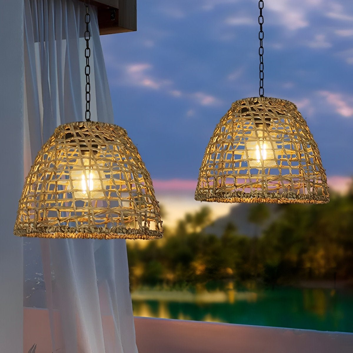 Solar Hanging Lantern for Patio Black Woven Weather-Resistant 9x7in Deck Fixture Cordless Eco LED Warm Glow Courtyard Walkway Outdoor Dining | Thomler