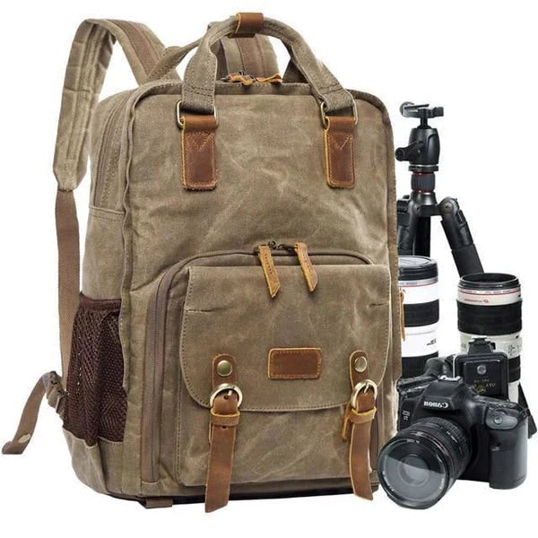 Mochila impermeable de lona encerada para cámara con compartimento para portátil y correa para trípode