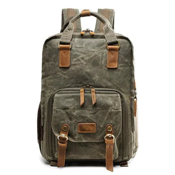 Mochila impermeable de lona encerada para cámara con compartimento para portátil y correa para trípode