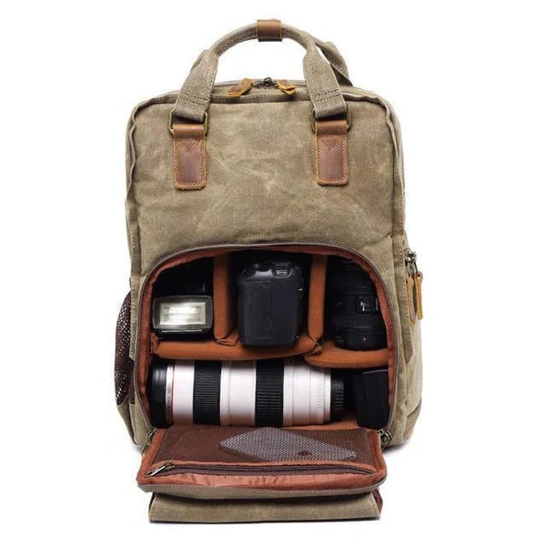 Mochila impermeable de lona encerada para cámara con compartimento para portátil y correa para trípode