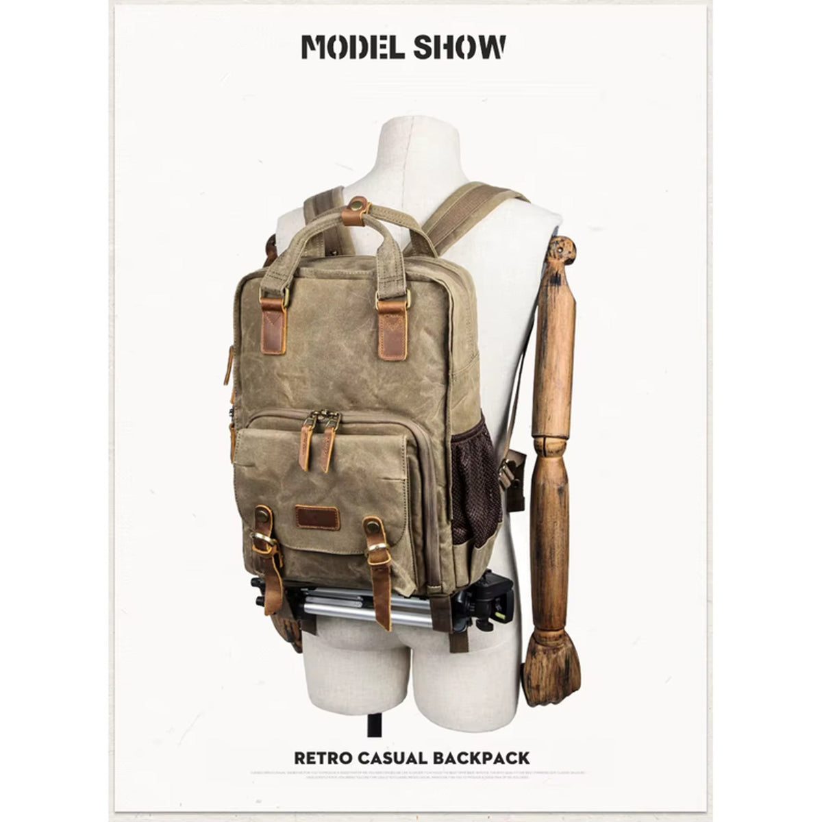 Mochila impermeable de lona encerada para cámara con compartimento para portátil y correa para trípode