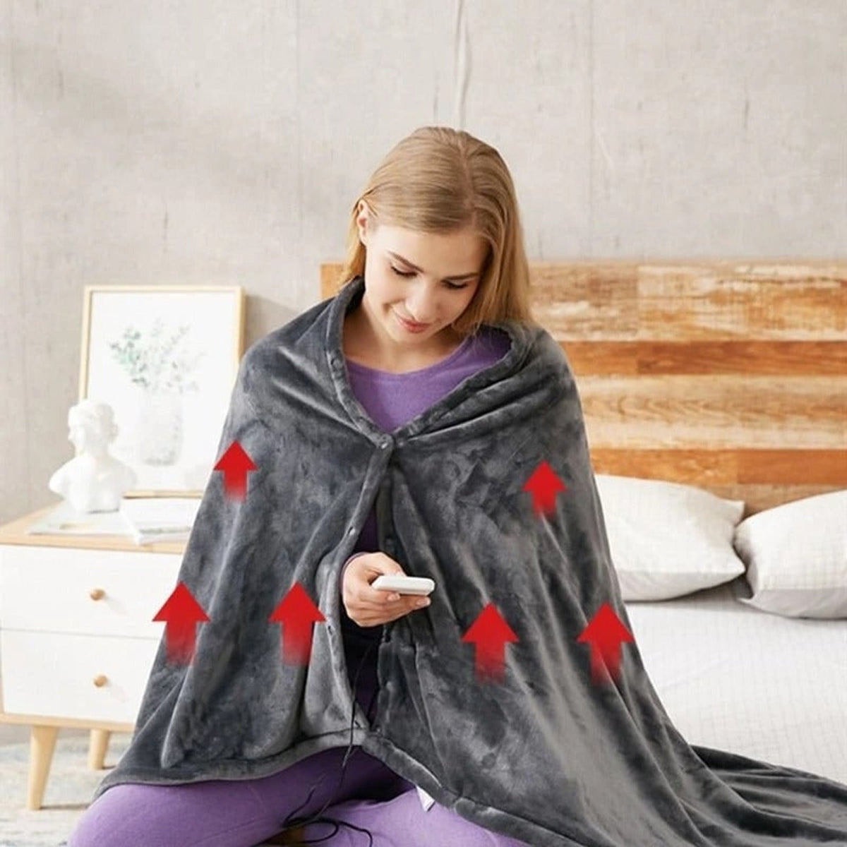 Wearable Heated Blanket With Snap Buttons Hands-Free Design Soft Plush Fleece Electric Throw