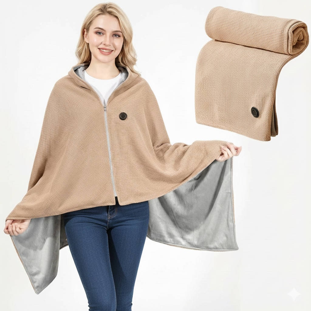 USB Heated Wearable Blanket Wrap with Hood, Zipper & 8 Heat Zones – Portable Electric Throw for Home, Office & Travel
