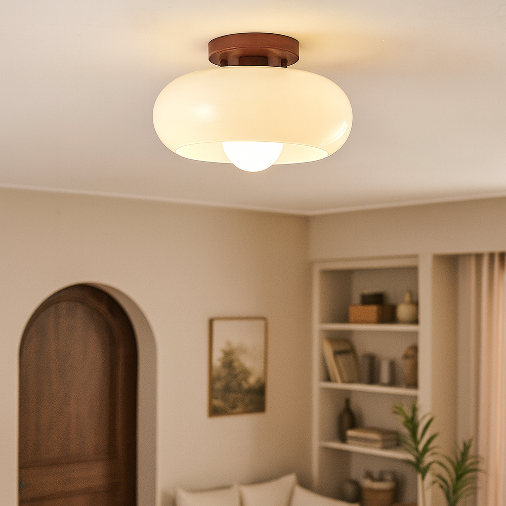 Mid-Century Opalglas-Deckenleuchte mit Holzakzent – Warme Ambient-Anbaulampe für Wohn- und Schlafzimmer