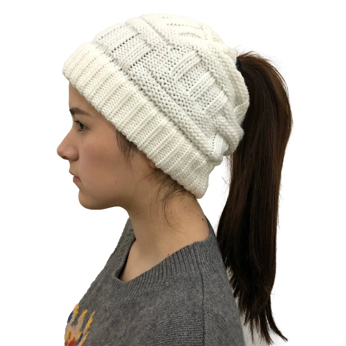 Cable-Knit Ponytail Beanie for Women – Stretchy Acrylic Wool Winter Hat
