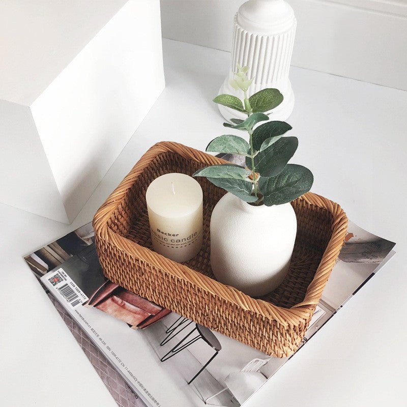 Handwoven Rattan Organizer Tray Natural Basket for Shelves Countertops Drawers Kitchen Bathroom Bedroom Storage Solution Brown Wicker Bin fo | Thomler
