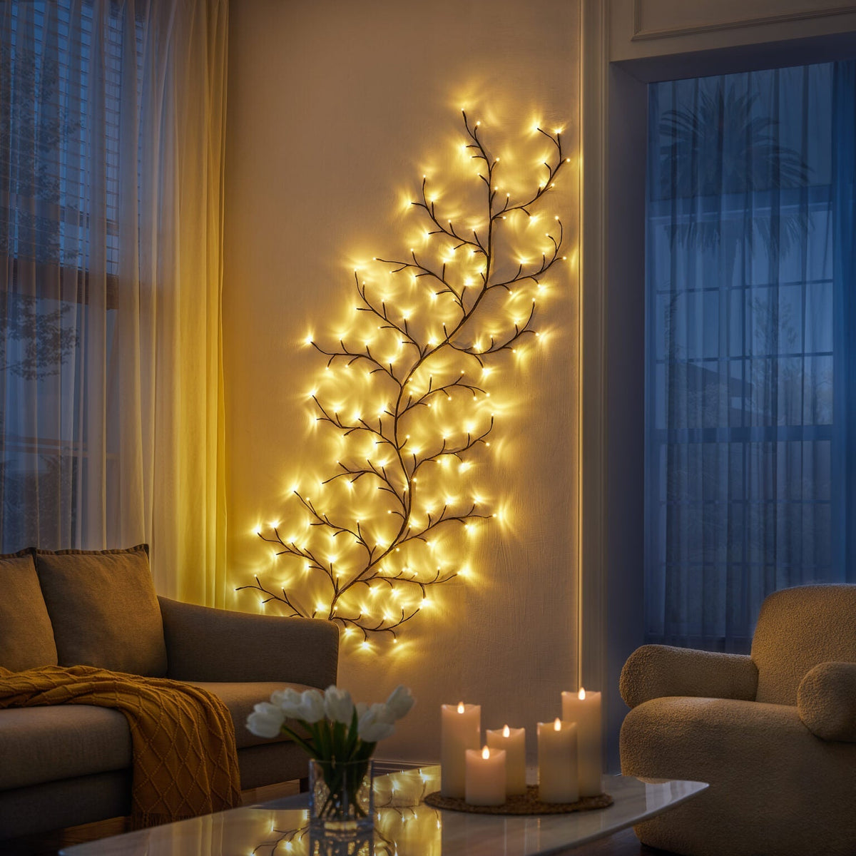 Rama de luz LED flexible de 8 pies, enredadera decorativa con control remoto, temporizador y ramas de alambre de cobre ajustables para decoración del hogar, repisa, sala de estar, dormitorio, interior | Thomler