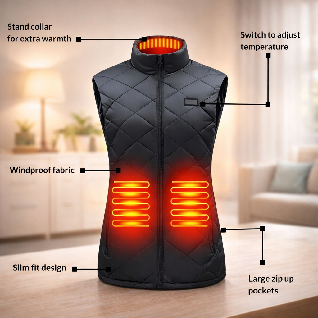 Battery-Powered Quilted Heating Vest for Women with Stand Collar – Lightweight Electric Body Warmer