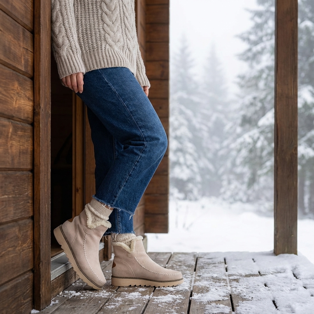Damen-Schlupf-Stiefeletten mit Fellfutter und flacher Sohle
