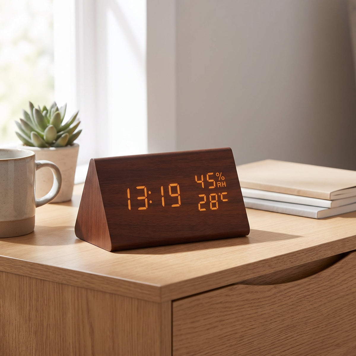 Reloj digital de madera retro con alarma y visualización de fecha