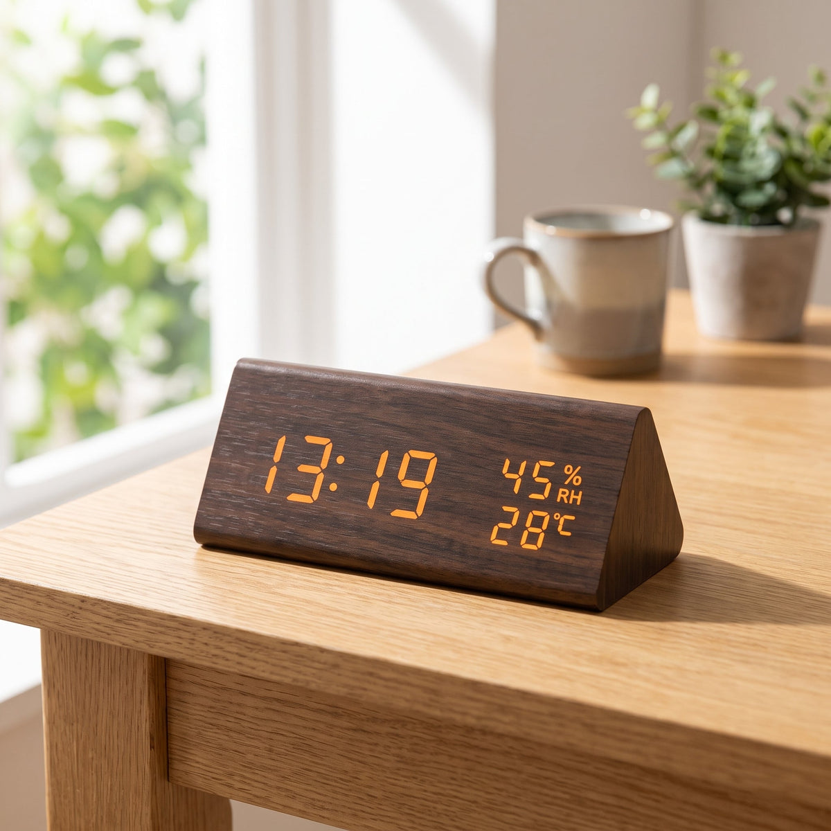 Reloj digital de madera retro con alarma y visualización de fecha