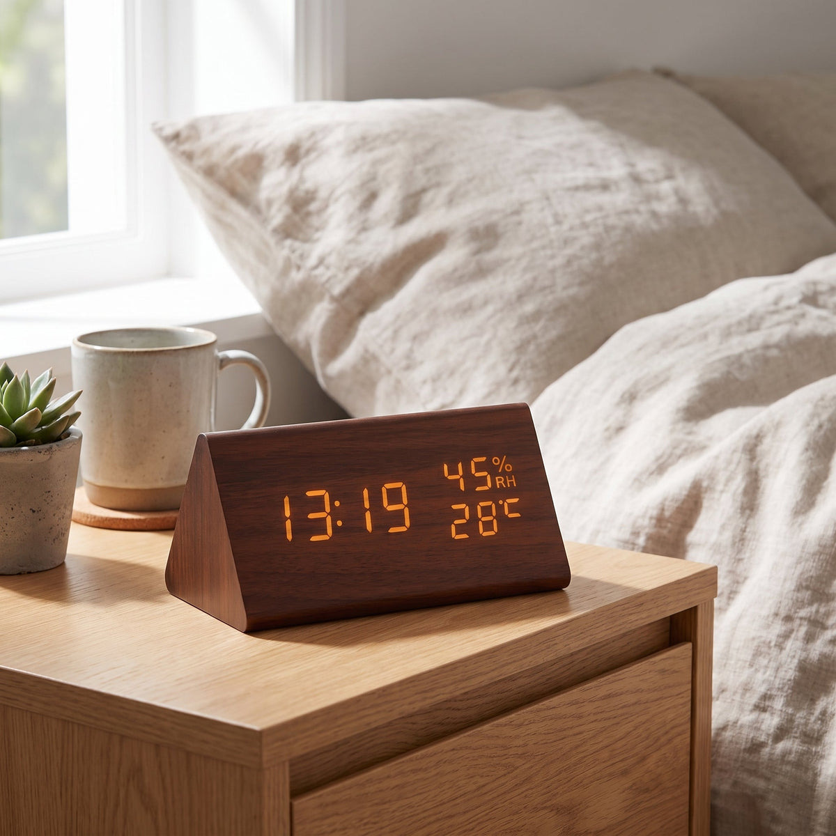 Reloj digital de madera retro con alarma y visualización de fecha