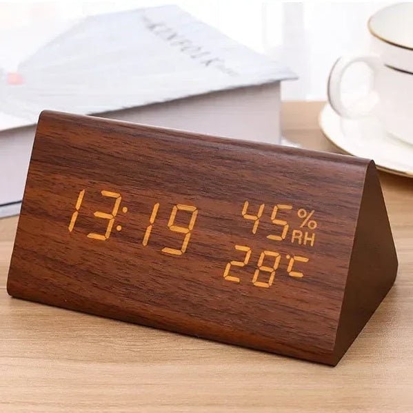 Reloj digital de madera retro con alarma y visualización de fecha