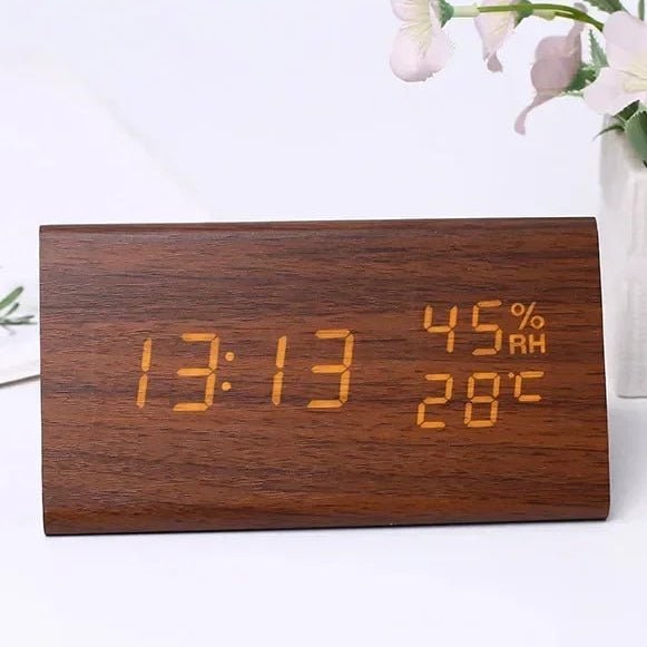Reloj digital de madera retro con alarma y visualización de fecha