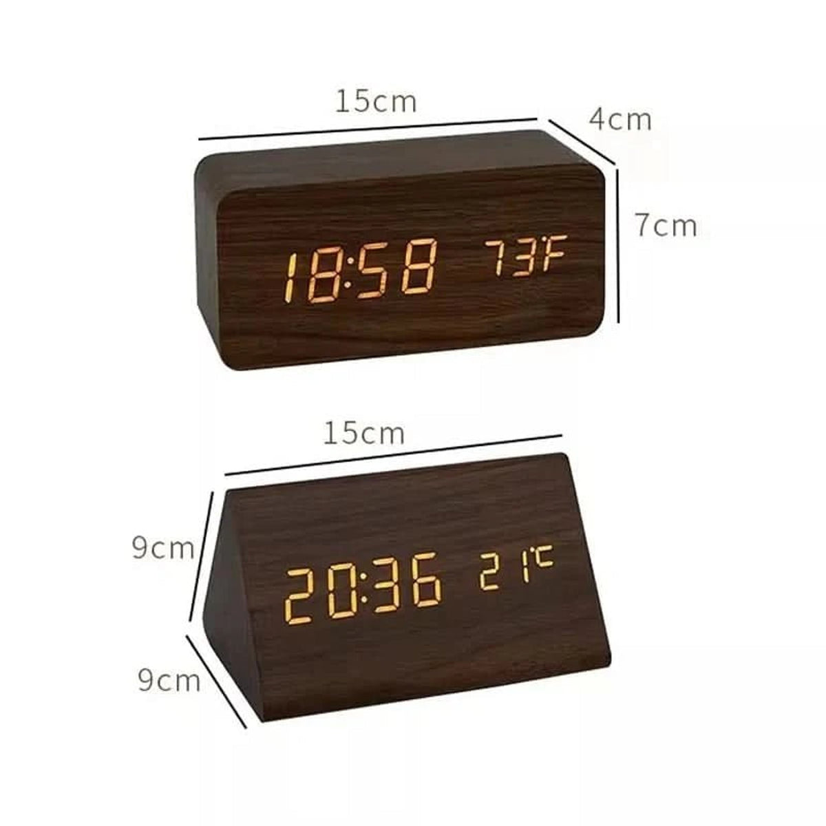 Reloj digital de madera retro con alarma y visualización de fecha