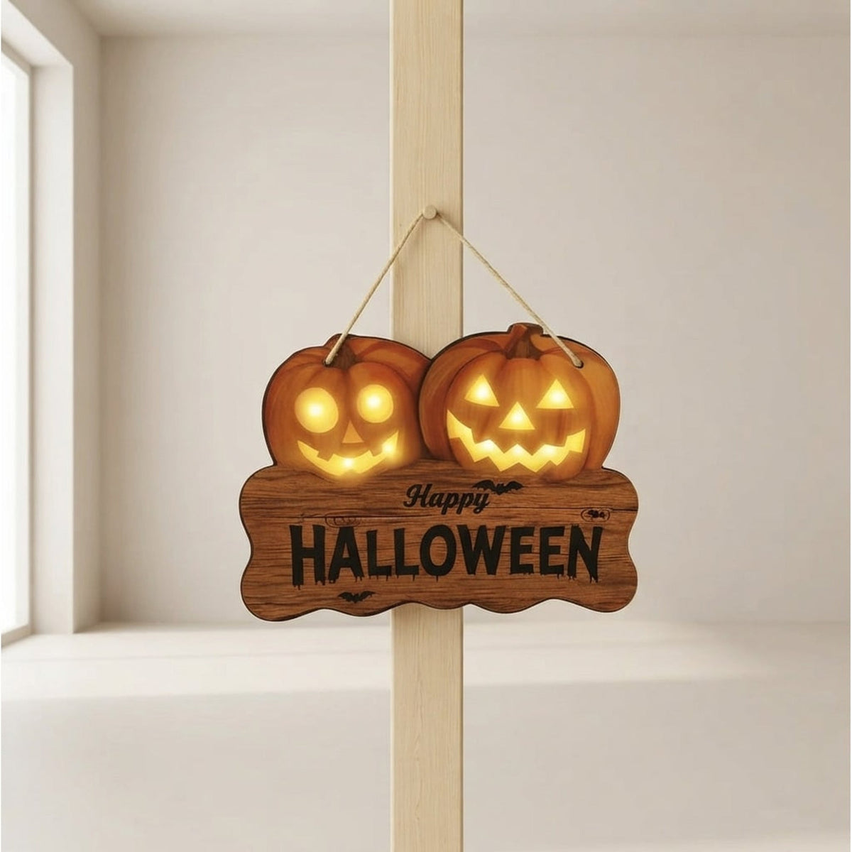 Houten Halloween-bord, verlichte Jack-o'-lantern hangdecoratie met geïntegreerde lichtelementen
