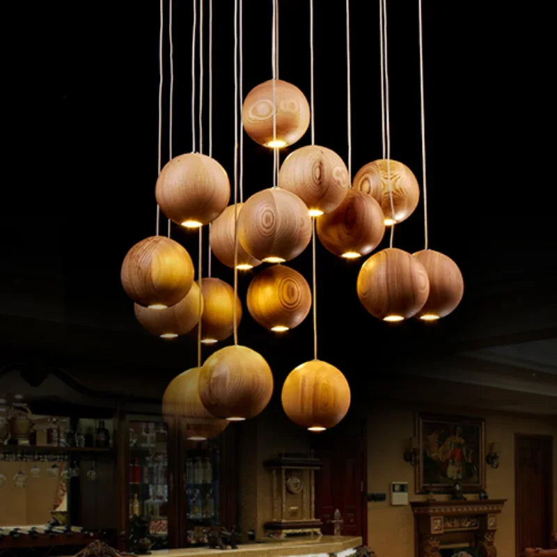 Wooden Globe Drop Ceiling Fixture 4-Inch Walnut Finish for Kitchen Island Dining Room Entryway Adjustable Cord Multi-Cluster Compatible Warm | Thomler