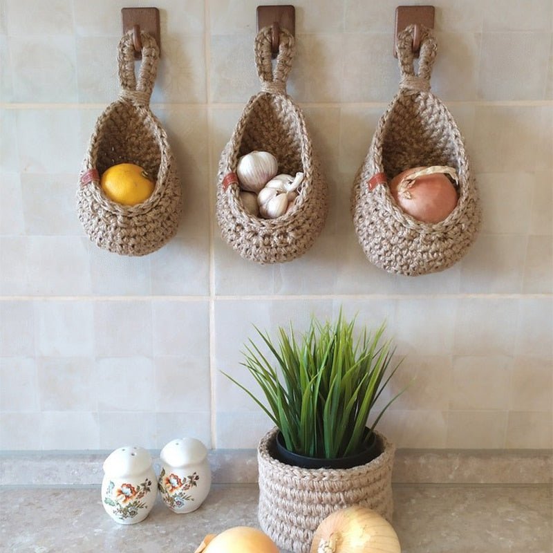 Wall-Mount Rope Produce Organizer 14-Inch Natural Fiber Storage for Fruits Vegetables Kitchen Pantry Rustic Farmhouse Decor | Thomler